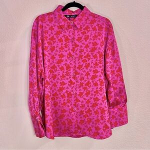 Floral Pink Satin Zara Satin Button Up Blouse-  NWOT Size L